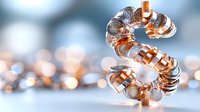 Metallic copper and glass dollar sign sculpture on blurred bokeh background, modern financial art concept for banking and currency markets.