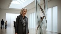 Middle-aged woman with blonde hair wearing dark business attire standing in modern gallery space with contemporary artwork and natural light from skylights.