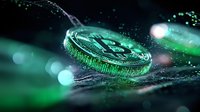 Glowing cryptocurrency coin with digital circuit pattern floating in dark space surrounded by green bokeh lights and particles creating futuristic atmosphere.