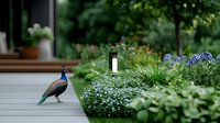 Peacock standing on wooden deck surrounded by lush garden landscape with blue forget-me-nots and ornamental grasses. Modern outdoor lighting creates serene ambiance.