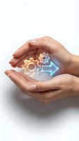 Protective hands cupping glowing gears and arrow symbols representing business process automation and workflow optimization on white background.