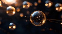 Glowing spheres with connected network lines floating in dark space, illuminated by warm golden light creating magical atmosphere. Digital connectivity concept.