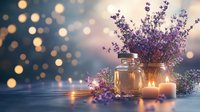 Aromatic lavender bouquet with essential oil bottle and glowing candles against soft bokeh lights creating relaxing spa atmosphere.