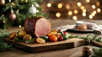 Honey glazed ham with roasted vegetables on wooden board, decorated with pine branches and Christmas lights creating festive holiday atmosphere.