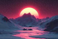 Mystical winter landscape with glowing red sun setting behind mountain peaks, casting pink reflections on snowy valley and frozen river in starlit twilight.