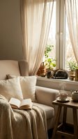 Cozy living room corner with beige armchair, open book, coffee cup, knitted throw blanket, linen curtains, houseplants and sleeping cat on windowsill.