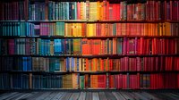 Colorful rainbow spectrum of books arranged on wooden library shelves, perfect for education, knowledge and literature concepts in modern interior design.