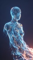 Glowing digital human figure with circuit board patterns and neon blue light effects against dark background, representing artificial intelligence, technology, and futuristic innovation.