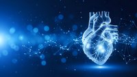 Digital human heart with glowing network connections on blue background for medical technology and healthcare innovation concepts.