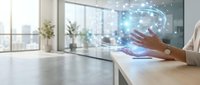 Businesswoman using holographic digital technology interface in modern office workspace with futuristic data visualization and connectivity concepts.