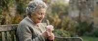 Elderly Caucasian woman with gray curly hair sitting on wooden bench outdoors, holding warm beverage cup, smiling peacefully in autumn garden setting.