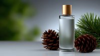 Elegant frosted glass perfume bottle with gold cap surrounded by pine cones and evergreen branches on neutral background. Perfect for fragrance advertising.