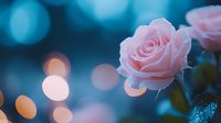Delicate pink rose bloom against blurred blue and golden bokeh background creates dreamy romantic atmosphere for wedding and Valentine's Day designs.