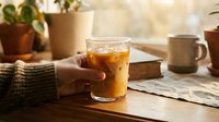 Person in warm sweater holding glass of iced cola on wooden table with plants, books, and mug in cozy home setting.
