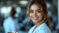 Young professional businesswoman with blonde hair smiling confidently in modern office environment, corporate workplace portrait for business marketing.