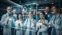Medical team analyzing holographic digital interface with futuristic healthcare technology in modern hospital environment for innovative patient care.