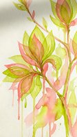 Watercolor botanical illustration with green and pink leaves on white background. Artistic floral design with dripping paint effect for spring decor projects.