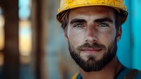 Professional construction worker with yellow hard hat and beard smiling confidently at camera on building site for safety and industrial projects.