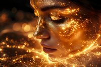 Magical golden glitter makeup on female face with closed eyes and glowing sparkles, mystical light effects and shimmering particles create ethereal beauty portrait.