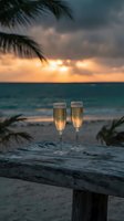 Two champagne glasses on wooden table at tropical beach sunset with palm trees and ocean waves creating romantic atmosphere for celebration.
