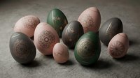 Collection of decorated Easter eggs in pink and green tones with golden ornamental patterns arranged on textured surface for spring holiday celebration.