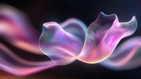 Ethereal flowing fabric in pink and purple hues against dark background creates dreamy abstract composition with soft curves and luminous glow effect.