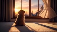 Golden retriever puppy sitting by window watching sunset with warm light streaming through curtains creating peaceful home atmosphere.