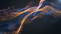 Abstract digital wave with glowing golden particles flowing in smooth curves against dark background for technology and data visualization concepts.