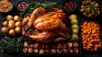 Roasted whole turkey with golden crispy skin served with potatoes, carrots, fresh herbs and various sauces on dark background. Traditional holiday feast.