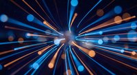 Dynamic light burst with radial blue and orange streaks creating motion blur effect. Abstract speed lines and glowing particles for technology backgrounds.