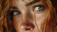 Close-up portrait of young Caucasian woman with freckles and green eyes. Natural beauty concept with warm lighting and auburn hair strands.