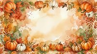 Autumn harvest frame with pumpkins, gourds and fall foliage creating decorative border on warm watercolor background for seasonal greeting cards and designs.