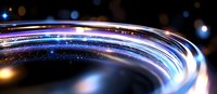Dynamic light trails curve across dark background with glowing blue and purple streaks, sparkling particles, and bokeh effects creating futuristic motion atmosphere.
