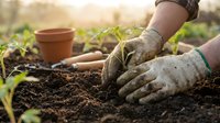 Gardener hands in gloves planting young seedling in rich soil with terracotta pot and tools in warm sunlight for organic vegetable garden cultivation.
