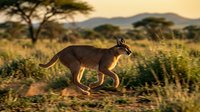 Wild caracal cat running through golden savanna grassland at sunset with acacia trees and mountains in background during golden hour wildlife photography.