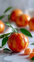 Fresh ripe mandarin oranges with green leaves on marble background, close-up view with soft focus and natural lighting, peeled segments visible.
