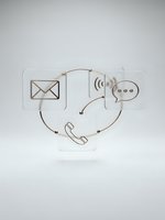 Glass communication icons with email, phone and chat symbols connected in circular flow on white background for business contact concepts.