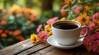 Cup of black coffee on rustic wooden surface surrounded by vibrant pink and orange garden flowers in soft morning light, creating cozy autumn atmosphere.