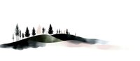 Minimalist watercolor landscape with silhouettes of pine trees on rolling hills against misty background, featuring soft pastel and dark tones in contemporary style.