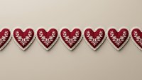 Red heart-shaped decorations with white snowflake patterns arranged in row on beige background for holiday crafts and seasonal design projects.