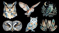 Owl head illustration with blue and gold plumage, barn owl in flight with wings spread, decorative owl with moon and foliage, owl face with striking yellow eyes, stylized owl with geometric patterns, and collection of feathers with owl details, all isolated on transparent background for t-shirt design, clipart, stickers, sublimation and print-on-demand projects.