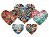 Ornate heart-shaped designs featuring traditional Asian floral and bird motifs with gold borders, isolated on white background for decorative and design applications.