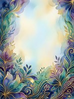 Watercolor floral frame with ornamental botanical borders in purple, blue, and gold tones. Central white space ideal for text, invitations, and design projects.