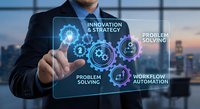 Professional businessman touching digital innovation interface with strategy icons and workflow automation elements in modern office setting.