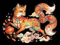 Decorative fox with ornamental patterns, flowing tail, and Asian-inspired designs isolated on transparent background. Ready for t-shirts, stickers, clipart, and print-on-demand products.