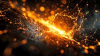 Glowing orange network of light trails and particles against dark background creates dynamic abstract composition with bokeh effects and energy flow.