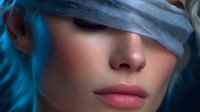 Young woman with pink lips and blue hair partially covered by translucent fabric in dramatic lighting creating mysterious and sensual mood. Suitable for beauty and fashion.