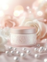 Luxurious pink cosmetic cream jar with ornate baroque pattern surrounded by white roses and scattered pearls on soft pink background with bokeh lights.