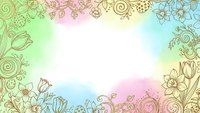Pastel rainbow gradient background with ornate floral border frame featuring decorative flowers, leaves and swirls for spring design projects.