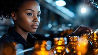 Young African American woman in dark setting with glowing amber bokeh lights and reflective surfaces creating atmospheric nighttime ambiance. Professional portrait mood.